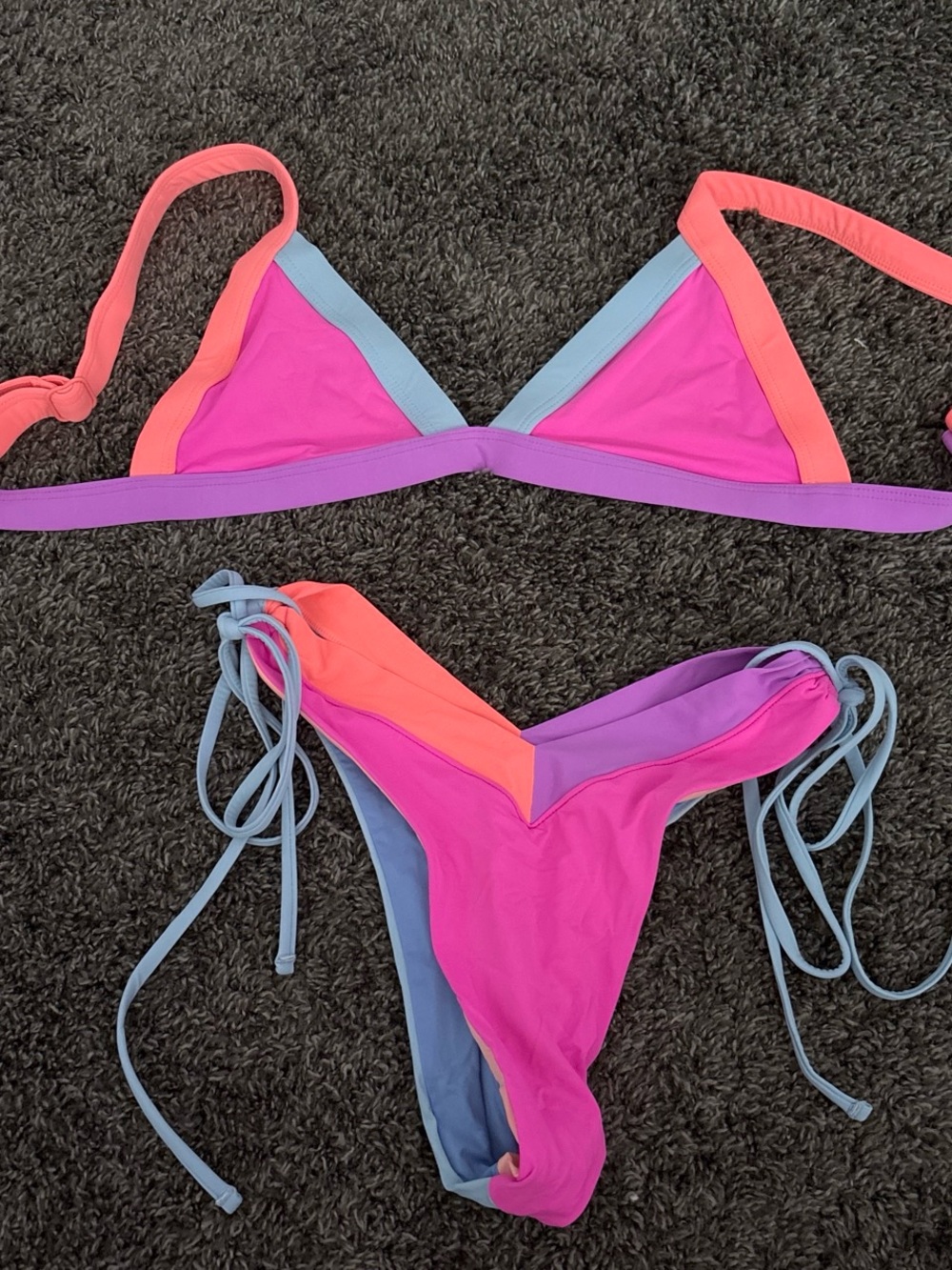 Colorblock Pink Triangle Bikini Set with Coral & Lavender Trim